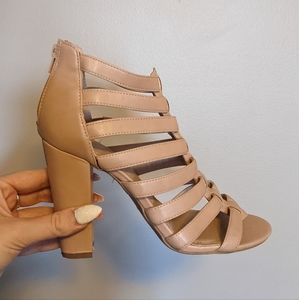 Nude strappy party heels, sz 10